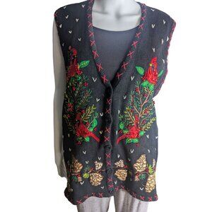VTG Bobbie Brooks Winter Theme Sweater Vest Cardinals Embroidery & Beaded SZ XL